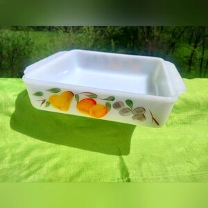 Anchor Hocking Fire King 8” Gay Fad Fruits Milk Glass #452 Casserole Dish Pan